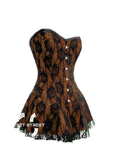 Brown Satin Black Net Gothic Burlesque Bustier Waist Training Costume Overbust Corset Dress